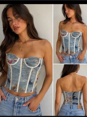 Pretty Garbage Angel Print Mesh Corset  Top Blue Corset Size M